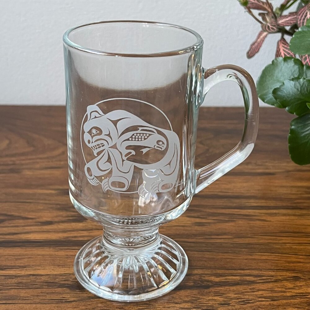 Clear Glass Coffee Mug on Pedestal Base Native Art Style Bear Salmon Dalio Maria